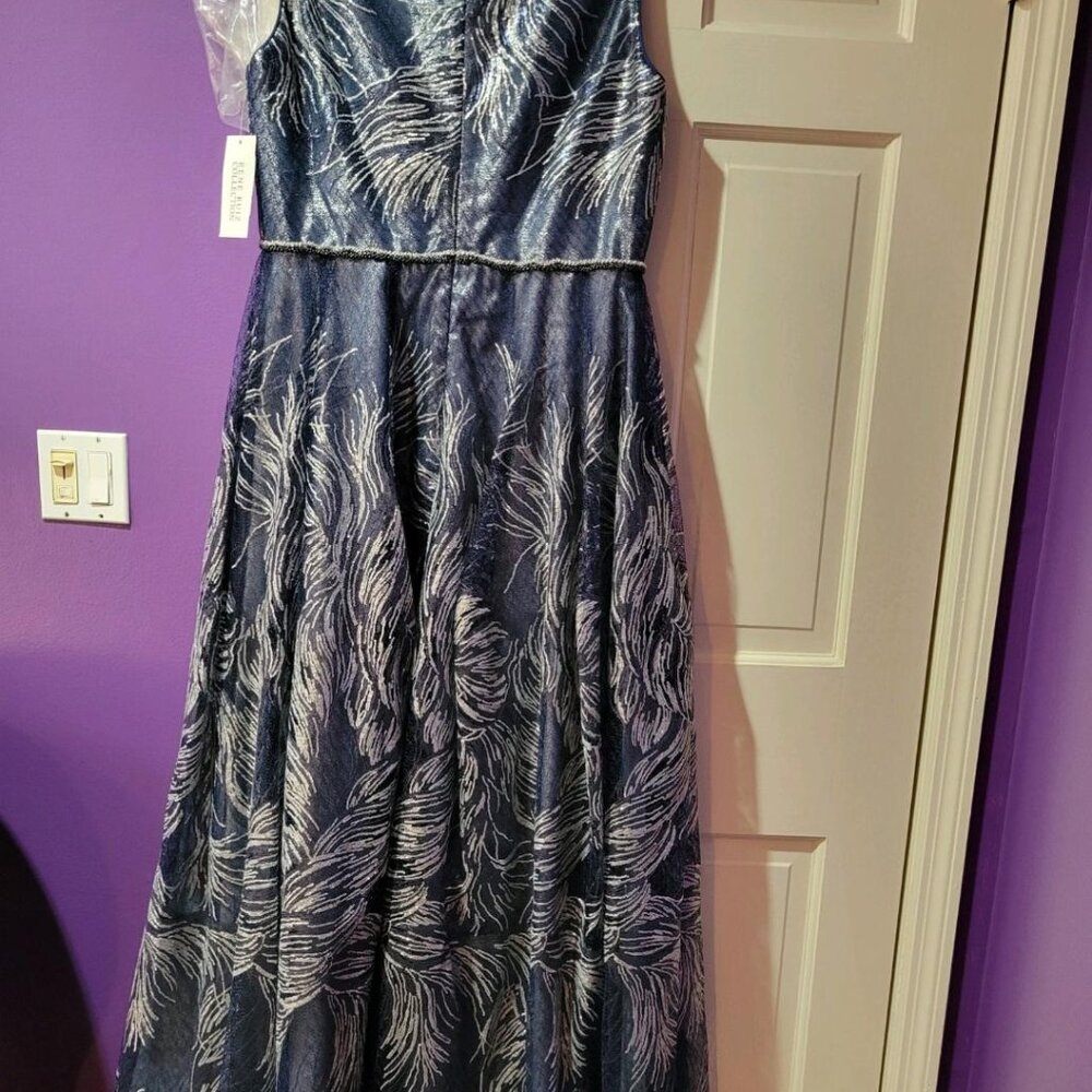 Rene Ruiz Collection Women's Jacquard Fit-&-Flare Gown Navy and Silver 14BRand N